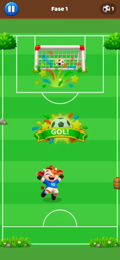 Tela do jogo no momento do gol, com confete e o emblema GOL!